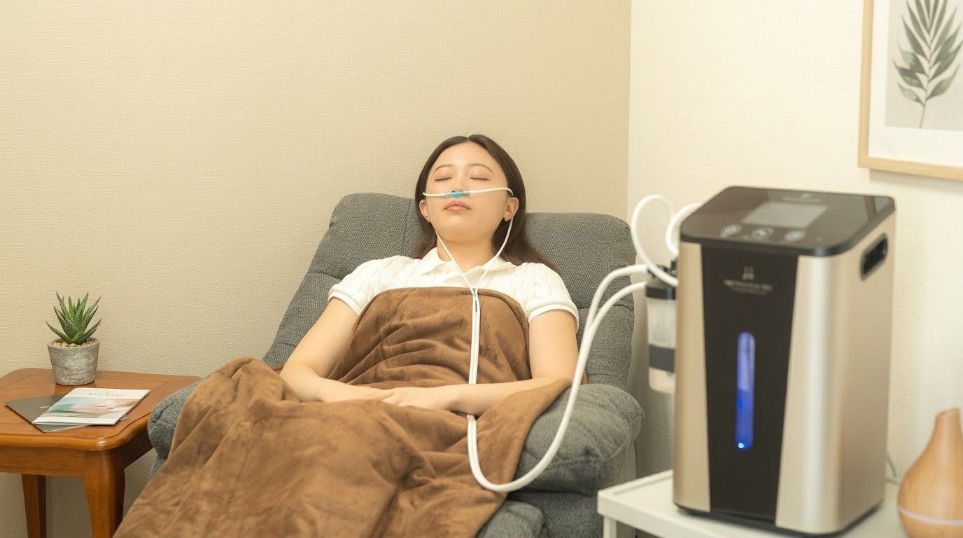 リクライニングチェアでカニューラをつけて水素を吸入する女性と、横に置かれたH2 FRESCA本体
